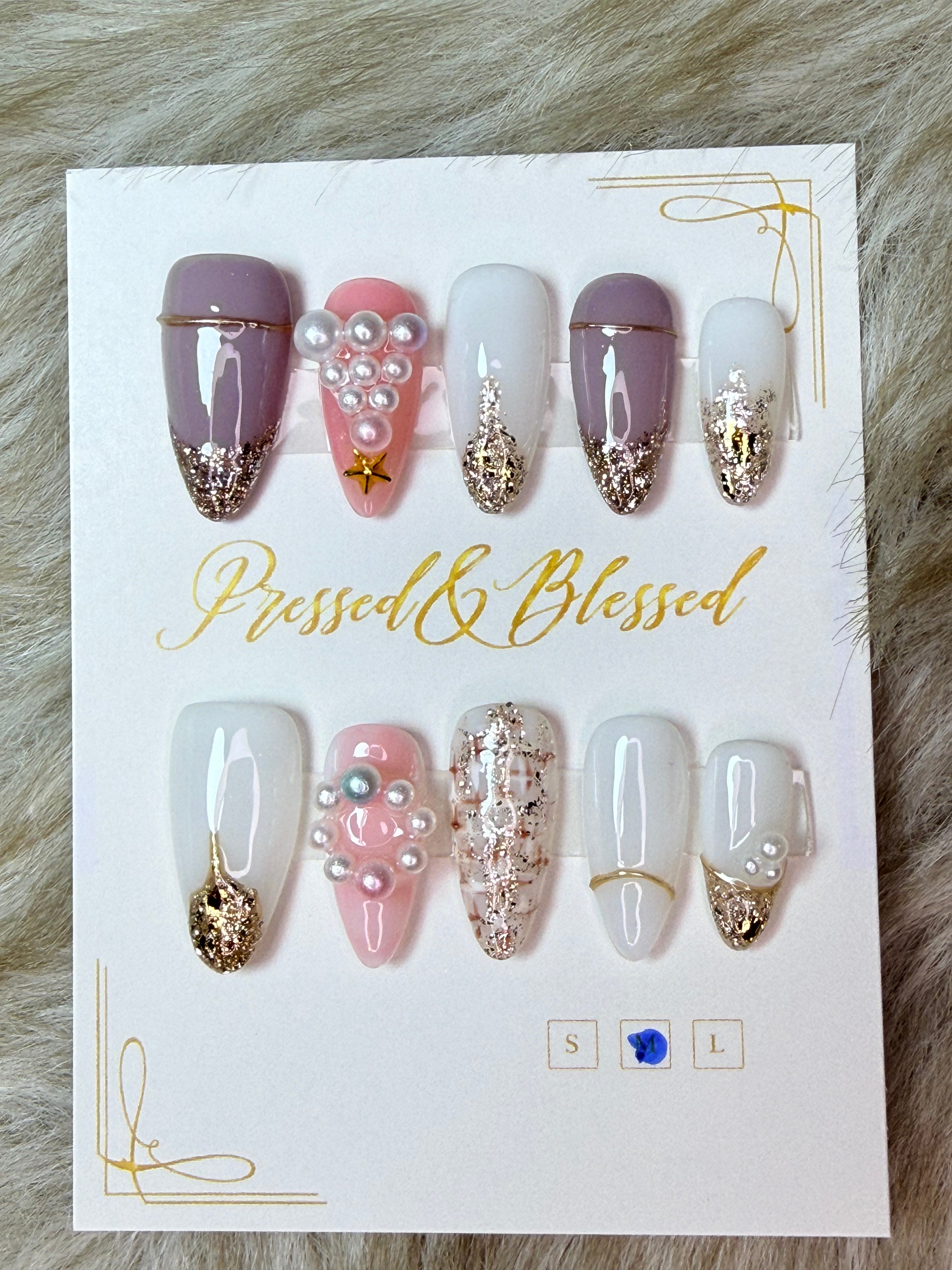 090 Celestial Pearl & Gold - Luxury Press-On Nails